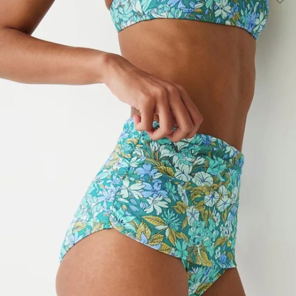 J.Crew Ruched High-rise Full-coverage Bikini Bottom in Aqua Blooms Small